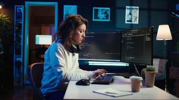 Teleworking computer technician typing on keyboard, implementing security measures to protect company systems and data, close up. Remote IT employee at home debugging code for software, camera B video