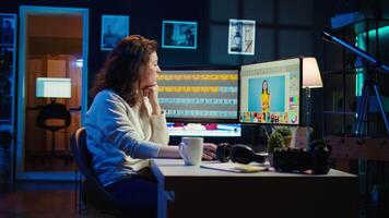 Photographer using advanced photo editing software on monitor. Photo editor utilizing specialized photographs retouching application to make adjustments on computer screen, camera B video