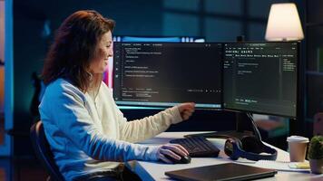 Happy admin in home office satisfied after futureproofing company network from downtimes and unexpected system failures. Smiling IT expert pleased after managing to increase data security, camera A video