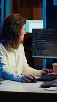 Vertical Programmer closing backpack, leaving home office after filtering malicious traffic from cybercriminals. Woman finishing job shift after being done with preventing malware, camera A video