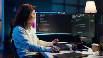 Happy developer celebrating after managing to secure company servers from virus attacks. Cheerful IT employee throwing fist in air from excitement after building firewalls protecting data, camera A video