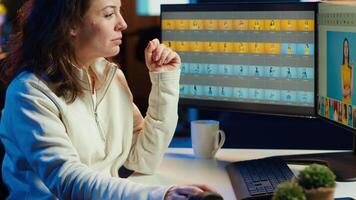 Photographer using professional photo editing tools on PC display. Photo editor utilizing high tech photographs retouching application to make adjustments using computer screen, camera A video