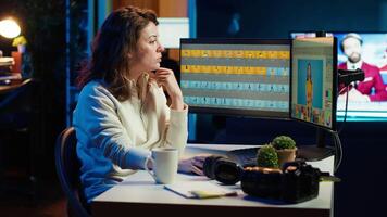 Photographer using advanced photo editing software on monitor. Photo editor utilizing specialized photographs retouching application to make adjustments on computer screen, camera A video