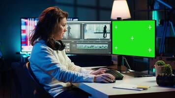 Woman using professional software on mockup PC to create visual effects for projects. Specialist using post production techniques to edit raw clips footage on green screen computer, camera A video