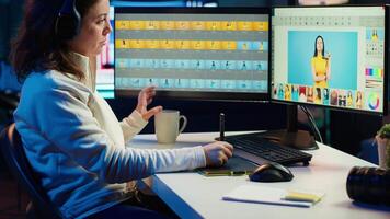 Photographer using editing software to edit photos and make adjustments while enjoying cup of coffee. Specialist color correcting pictures while listening music in headphones, camera A video
