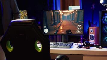 Cheerful streamer discussing with fans, showing them how to win computer game. Pro player starting stream, filming himself while playing on gaming PC, welcoming audience, camera A video