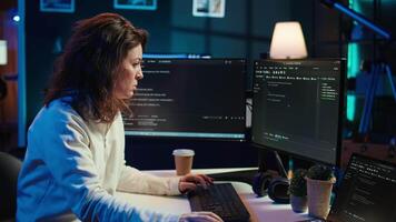 Programmer closing backpack, leaving home office after filtering malicious traffic from cybercriminals. Woman finishing job shift after being done with preventing malware, camera B video