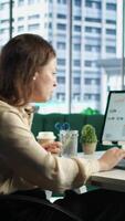 Vertical Woman in executive role oversees budget analysis and investment strategy, showcasing her commitment to financial success and sustainable growth in the corporate sector. Work ethic. Camera A. video