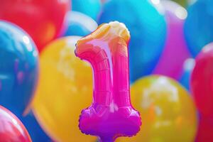 Colorful number one with balloons. Playful symbol 1. Invitation for a first birthday party, business anniversary, or any event celebrating first milestone. Greeting card design. photo