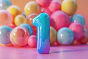 Colorful number one with balloons. Playful symbol 1. Invitation for a first birthday party, business anniversary, or any event celebrating first milestone. Greeting card design. photo