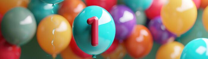 Colorful number one with balloons. Playful symbol 1. Invitation for a first birthday party, business anniversary, or any event celebrating first milestone. Greeting card design. Banner. photo