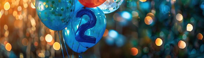 Blue number two with balloons. Playful symbol 2. Invitation for second birthday celebration. Children, kids party. Greeting card design for boy. photo