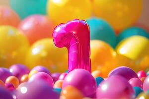 Colorful number one with balloons. Playful symbol 1. Invitation for a first birthday party, business anniversary, or any event celebrating first milestone. Greeting card design. photo