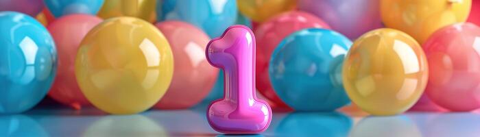 Colorful number one with balloons. Playful symbol 1. Invitation for a first birthday party, business anniversary, or any event celebrating first milestone. Greeting card design. Banner. photo