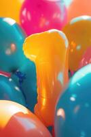 Colorful number one with balloons. Playful symbol 1. Invitation for first birthday party, business anniversary, or any event celebrating first milestone. Vertical greeting card design. photo