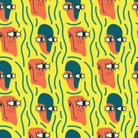 Abstract seamless pattern. A face with big eyes and stripes on a bright yellow background. Psychedelic illustration for packaging, fabric, wrapping paper, cover, case vector