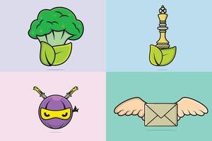 Collection of Fresh Broccoli with Green Leaves with King Chess and Ninja Head with Flying Envelope illustration. vector