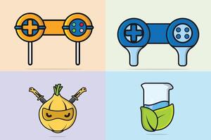 Collection of game console buttons in tennis racket with Onion Ninja with Swords, Beaker Glass Chemical Liquid illustration. vector