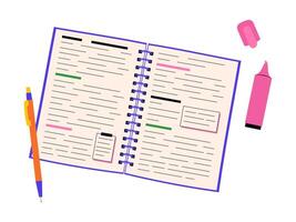 Open notebook top view with text and highlighted lines. illustration for lecture concepts, educational materials, and academic designs vector