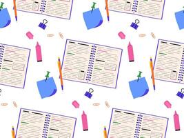 Seamless pattern featuring an open notebook with text and stationery items. illustration for educational designs, school supplies, and academic backgrounds vector