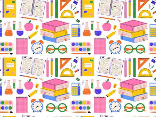 Seamless pattern featuring school stationery items. illustration for educational designs, back-to-school themes, and academic backgrounds