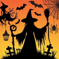 Halloween ghost with hat flying bats ghosts on the tree and hanging lantern silhouette Vect illustration vector