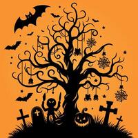 Halloween tree bats and zombies pumpkin and hanging spider net isolated black and yellow background illustration vector