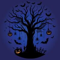 silhouettes of Halloween tree flying bats hanging spider and spider net and pumpkin template background illustration vector