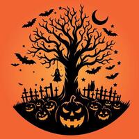 Halloween tree flying bats hanging ghost and pumpkins horror night silhouette illustration vector