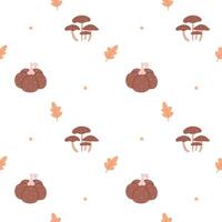 Autumn seamless pattern. Mushrooms, stars, pumpkins and leaves on a white background. vector