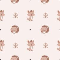 A simple, cozy,autumn pattern in a minimalist forest hedgehog, wolf, leaves, Christmas trees, trees, pines, graphic elements pattern in a Scandinavian style. vector