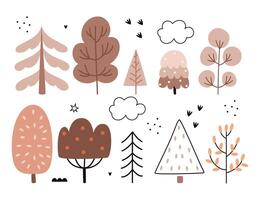A set of forest autumn trees in the Scandinavian style. Hand drawn woodland trees. Wild botanical set. vector