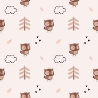 A simple, cozy,autumn pattern in a minimalist forest owls, clouds, leaves, Christmas trees, pines, graphic elements pattern in a Scandinavian style. vector