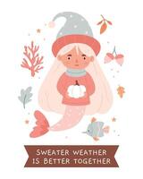 A cute mermaid in autumn clothes holds a white pumpkin and swims with fish and autumn leaves.Autumn poster with text.Unusual combination. Surrealism. vector