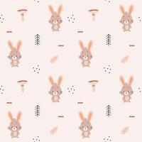 A simple, cozy,autumn pattern in a minimalist forest hares, mushrooms, toadstools, graphic elements pattern in a Scandinavian style. vector