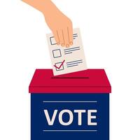 Election 2024. Hand put ballot paper into voting box. Voting concept. Flat isolated illustration vector