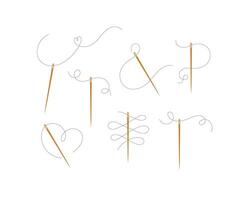 Needles and curly threads collection in different positions drawing on white background vector
