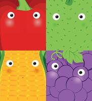 Set of fruits and vegetables muzzles pepper, cucumber, corn, grape drawing in cute cartoon style vector