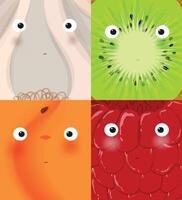 Set of fruits and vegetables muzzles garlic, kiwi, apricot, raspberry drawing in cute cartoon style vector