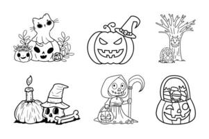 Set of Halloween elements Hand-drawn outline. vector
