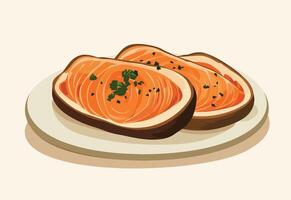 toast topped with smoked salmon with herbs. vector