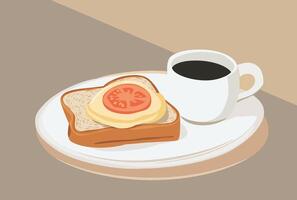 breakfast plate with toast, egg, tomato, and a cup of coffee. vector