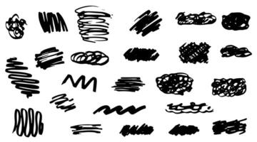 Set of different brush stroke texture. Marker drawing, grunge doodles, charcoal scribbles, brush strokes. Abstract shapes and curves set. Hand drawn pen doodles. Dirty graphic texture brushes. vector