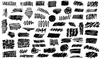 Set of different brush stroke texture. Marker drawing, grunge doodles, charcoal scribbles, brush strokes. Abstract shapes and curves set. Hand drawn pen doodles. Dirty graphic texture brushes. vector
