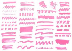 Set of pink marker texture. Grunge marker highlight underline strokes. Brush hand drawn highlighter stripe, line, stroke, wavy element. Markers brushes underline for emphasis, text highlighting vector