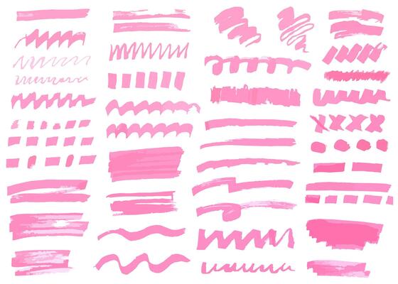 Set of pink marker texture. Grunge marker highlight underline strokes. Brush hand drawn highlighter stripe, line, stroke, wavy element. Markers brushes underline for emphasis, text highlighting
