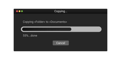 Modern window with copying files in dark color. vector