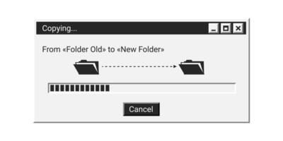 Retro loading window in black color with old folders. Copying window in old style. vector