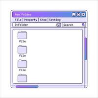 Old file explorer in retro style with gradient and folders. vector