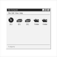 Old explorer program in black colors with folders and disk. vector